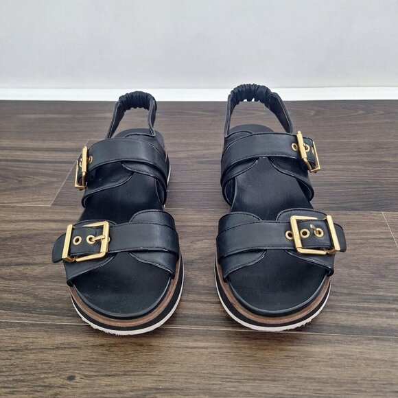 💙 Vince Camuto Anivay Leather Platform Sandals Size 11 Black Gold - Picture 2 of 8